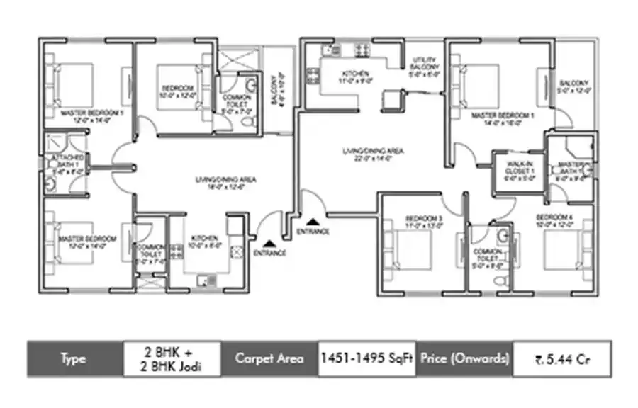 Chandak Treesourus 2 BHK + 2 BHK Jodi floor plan, 1451 sq ft carpet area
