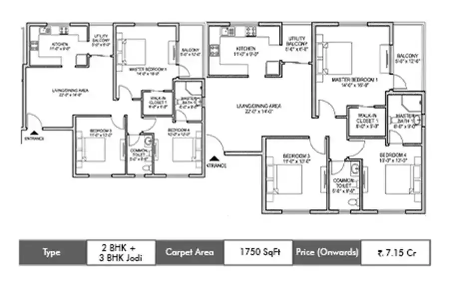Chandak Treesourus 2 BHK + 3 BHK Jodi floor plan, 1750 sq ft carpet area